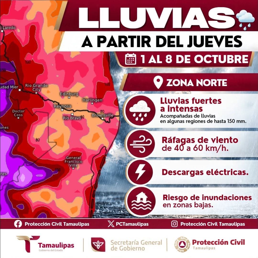 Mantiene PC Tamaulipas vigilancia ante periodo de lluvias y el ingreso del 1er frente frío de la temporada